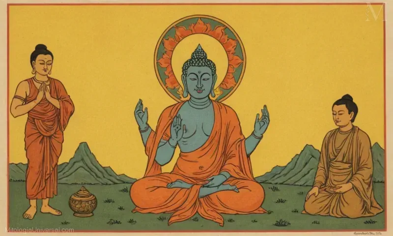 La ilustración vintage muestra la importancia de Girishkas dentro de la cosmología budista como la figura guardiana responsable de resolver conflictos internos y externos. Los elementos simbólicos representan la armonía, la paz interior, la sabiduría y la fuerza en esta obra culturalmente significativa.
