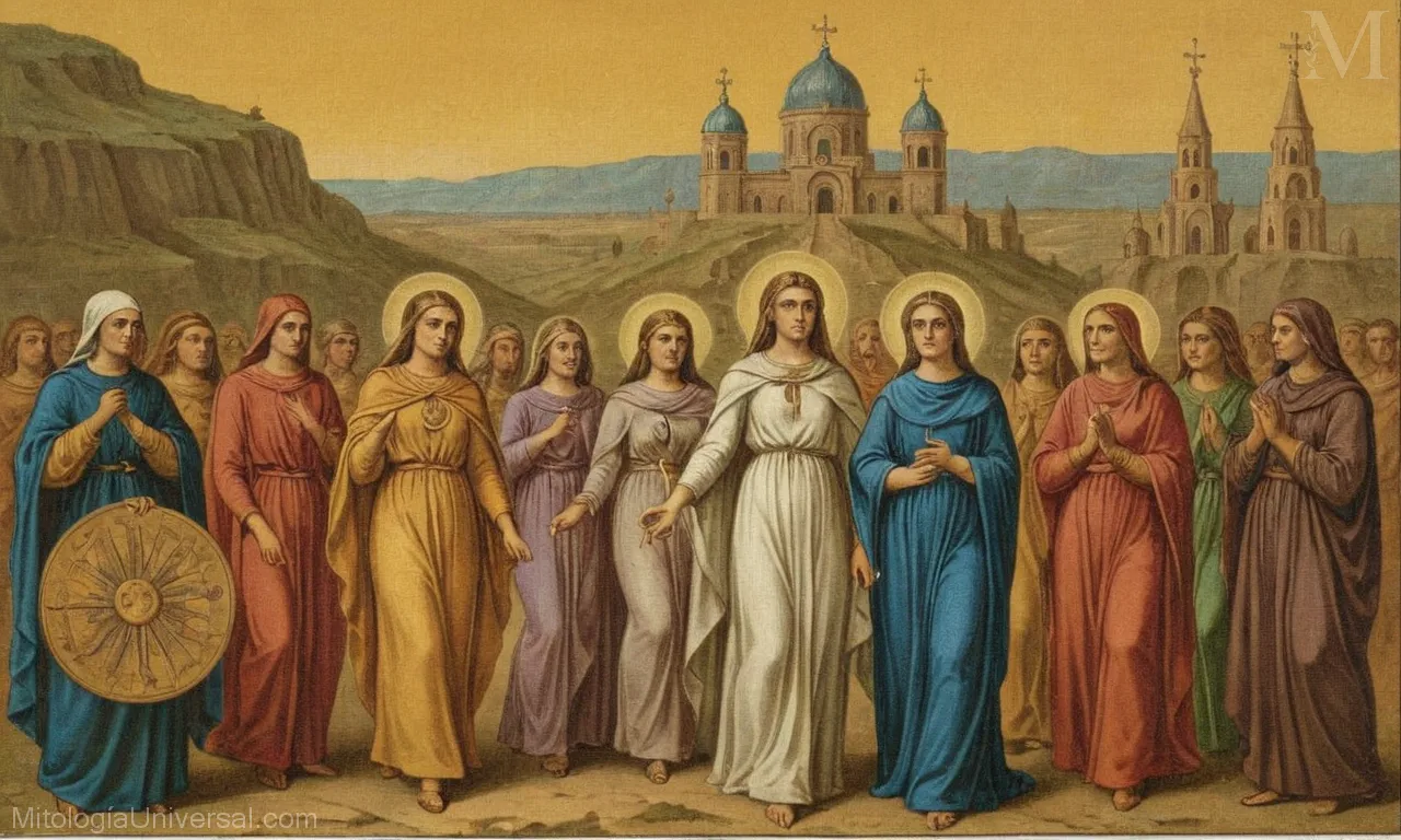 La ilustración vintage sobre lienzo muestra varias manifestaciones de la esencia divina conocida como Sophia en el Gnosticismo temprano, destacando su papel en el proceso de creación.