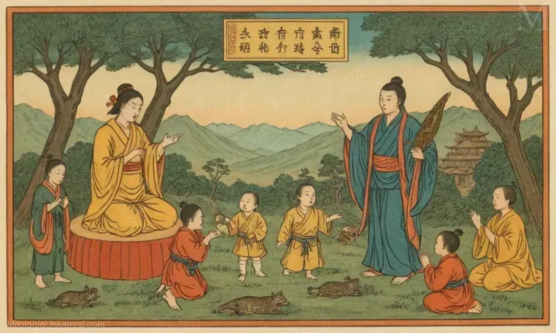 Vintage ilustración de Gohō dōji, los espíritus de los jóvenes budistas en el budismo japonés.