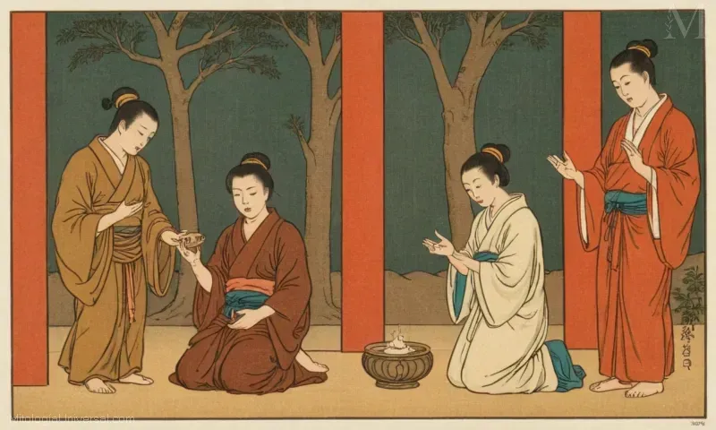 La ilustración vintage de Japón con espíritus recién nacidos (Gohō) creía nacer durante el Día del Nacimiento en las prácticas tradicionales del budismo japonés.