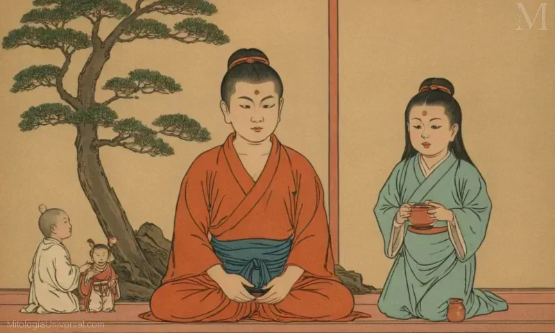 Vintage ilustración de los espíritus de Gohō de la tradición budista japonesa que representa la inocencia y los roles de la infancia.