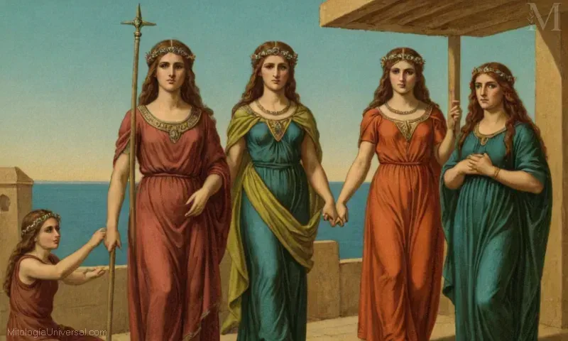 Imagen vintage de Las Tres Hermanas, mitos de Medusa (Medusa), Esteno (Lysimaque), y Euríale (Gorgonia). Los temas de protección emergen de la historia.