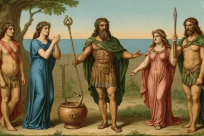 Ilustración que representa a Gorgons en la mitología como Medusa y protectores. Un poderoso trío que protege tanto las artes como la humanidad contra las fuerzas del mal - la Greenery (Eurybia)
