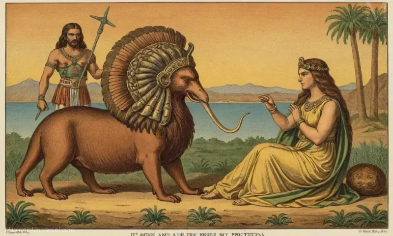 Ilustración vintage que retrata la figura A tributum et puerus (gift and son) en latín. La figura mitológica griega Medusa con un espejo y una serpiente; esta escena representa la capacidad de Medusas para la protección en la mitología antigua.
