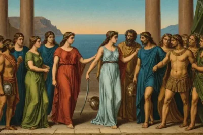 Ilustración de Graeae representando a Zeus y Hera en la mitología griega junto con la historia de Perseus.