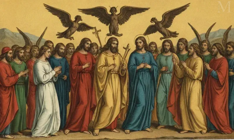 Ilustración vintage de ángeles (Grigoris) de tradiciones judías y cristianas. Este tema se centra en la interpretación de historias bíblicas en términos de oposición demoníaca y transgresión de Satanás.