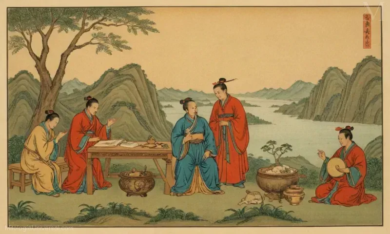 Vintage ilustración de Han Xiangzi, un músico inmortal y patrón de las artes en la mitología china.