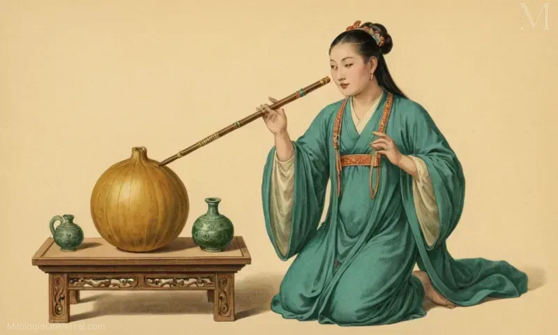 Vintage ilustración de Han Xiangzis mágica flauta jade, representando la inmortalidad. De la novela mitológica china, The Magic Gourd (1789) de Liu Changgui.