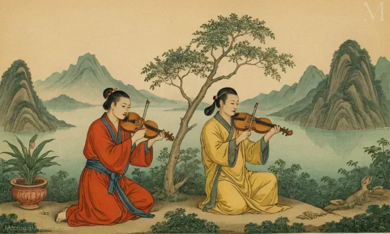 Ilustración vintage de las habilidades mágicas de Han Xiangzis donde la música y el crecimiento de plantas están involucrados. Se menciona al músico taoísta inmortal.