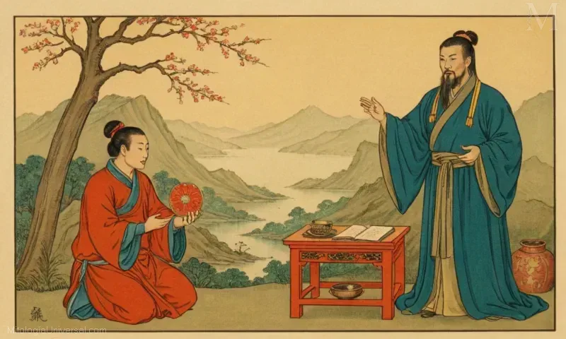 Vintage ilustración del poeta chino de la inmortalidad, Han Yu, y su poema, Song of Immortality.