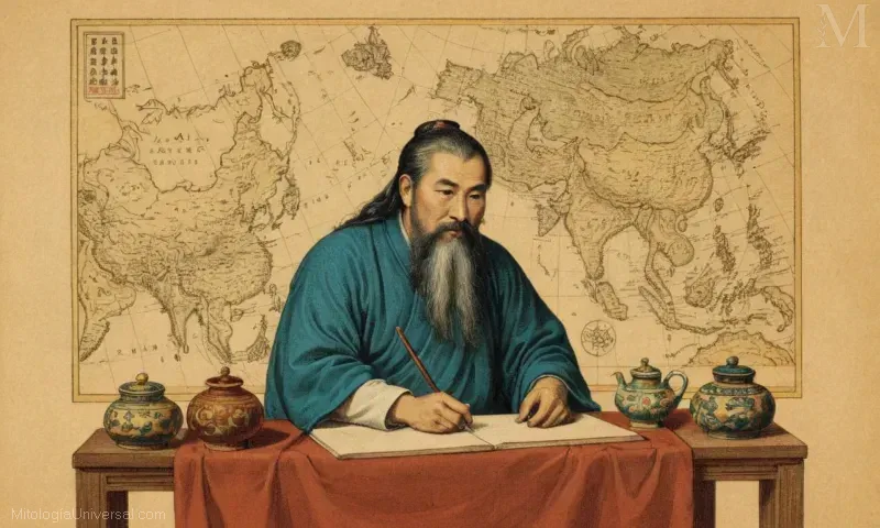 Ilustración de Han Zhao Li en traje chino tradicional con sus símbolos místicos, representando al segundo taoísta inmortal.