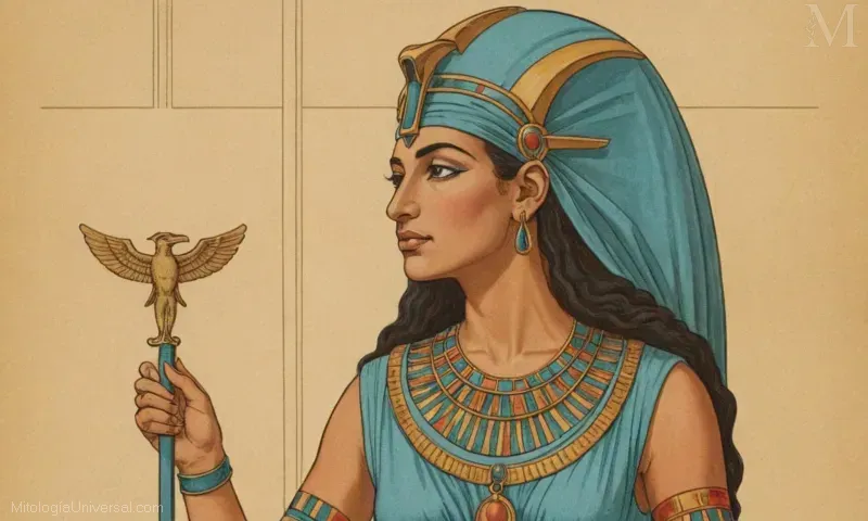 Ilustración de la antigua diosa egipcia Hathor con sus atributos e iconografía.