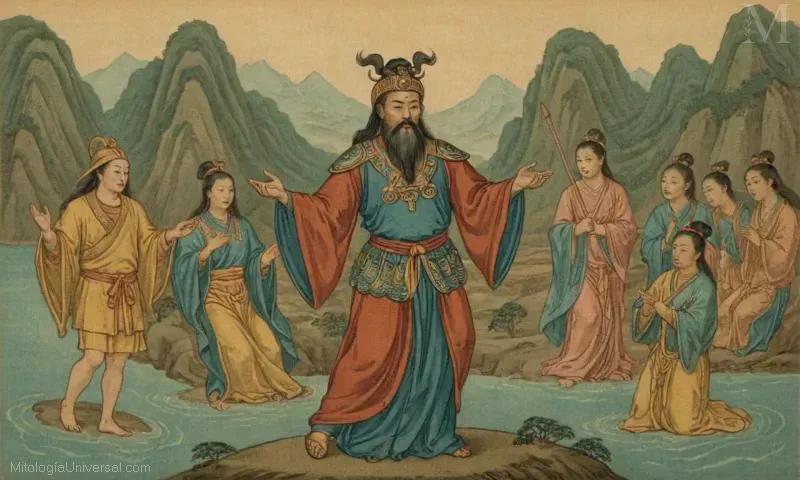 Ilustración de Sus Atributos y Representaciones en forma de Él Xiangu, una figura mitológica que representa la inmortalidad taoísta.