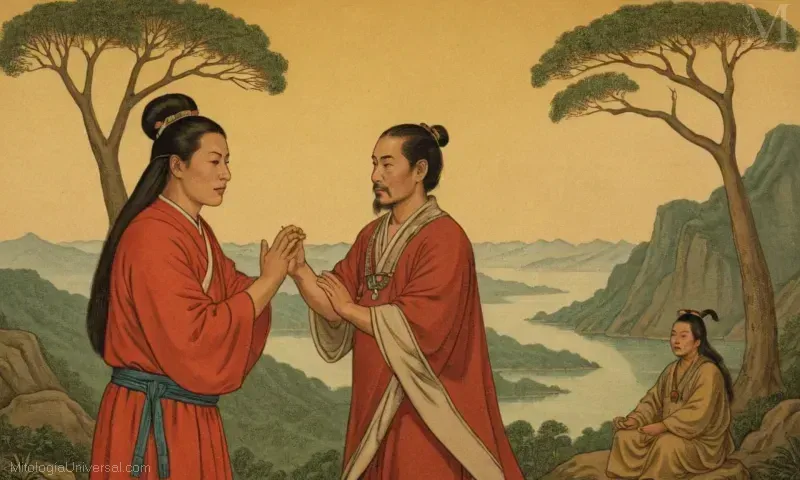 Ilustración vintage de El Acto de Devociión: Llevando Frutas a su Madre, representando el acto de devoción al traer frutos a su inmortal madre taoísta, He Xiangu.