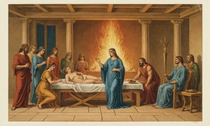 Vintage ilustración de Hestas, el dios griego del fuego y la artesanía antigua.