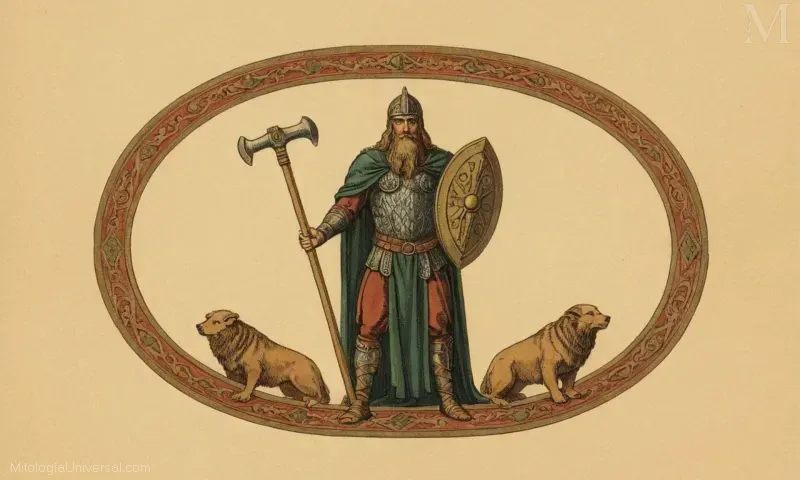 Ilustración vintage de Heimdal, el guardián de Midgard y Asgard, mostrando sus atributos y poderes en la mitología nórdica.