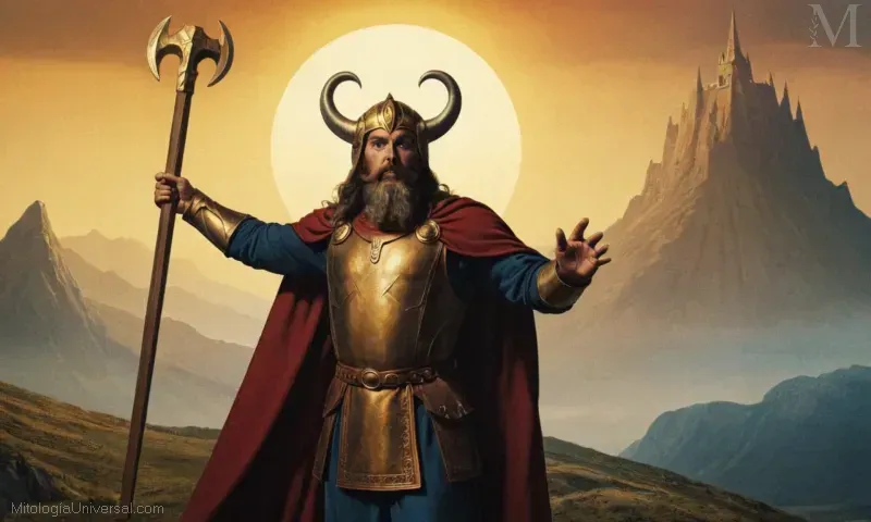 Ilustración vintage de El Clima y Hlín de Heimdal (guardias) representando a Midgard y Asgard en mitología nórdica.