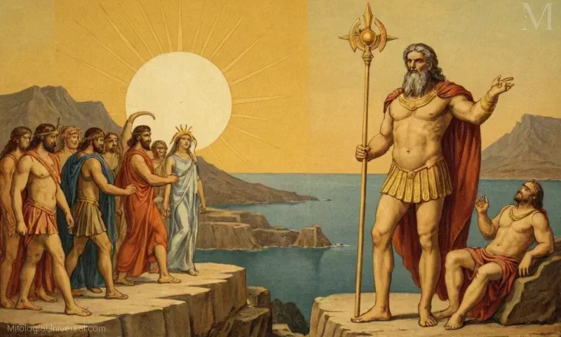 Imagen vintage que representa Zeus como la deidad del sol griego Helios con atributos y símbolos conocidos en la mitología griega. En la mitología griega, Helios era el padre del Sol y el Rey de los Dioses. A menudo es representado llevando una antorcha o montando en su carro a través del cielo, junto con varios otros personajes que representan diversos aspectos del mundo celestial. El atributo generalmente asociado con Zeus/Helios es una lanza (a veces llamada Trident debido a su forma), que significa poder, dominio y protección, especialmente de las fuerzas infernales que amenazaron a la humanidad. Los símbolos a menudo utilizados incluyen una luna de crescente estilizada y sol (una luna crescente y una estrella), un símbolo de yin yang (la Y invertida), o un círculo con dos círculos superpuestos (un infinito). Históricamente, la influencia de Helios se puede ver en las primeras representaciones de los dioses del sol a través del Antiguo Cercano Oriente. En la mitología griega, fue identificado originalmente más estrechamente con Zeus, pero finalmente llegó a ser distinguido como el padre del sol.