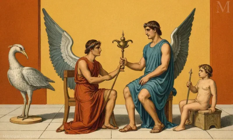 Vintage ilustración representando mitologías griegas mensajero y deidad comerciante, Hermes. También se mencionan funciones y funciones. Mensajero de los dioses. Como uno de los doce dioses y diosas olímpicos representados en la mitología griega, Hermes (Hermes en griego) fue conocido por su papel como intermediario entre humanos y deidades, una figura que facilita el intercambio, la comunicación y la diplomacia. Esta ilustración retrata a Hermes sentado sobre su silla alatada o trípode, simbolizando el estatus y la movilidad. Sus características sandalias alas y personal significan la importancia y la autoridad. La composición general sugiere un complejo mundo multicapa lleno de acontecimientos mitológicos e interacciones que Hermes se encargó de mediar.