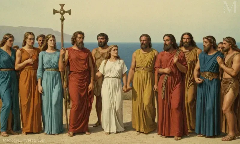 Vintage ilustración de conexiones entre diferentes dioses de la mitología griega, con temas de unidad y convivencia entre dioses.