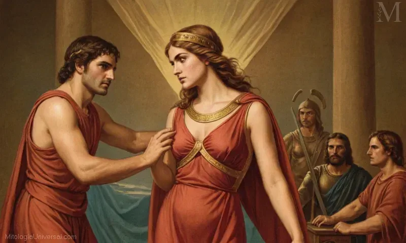 Imagen vintage del personaje de la mitología griega El Asesinato de Neóptolemos de Hermione, una princesa de Esparta.