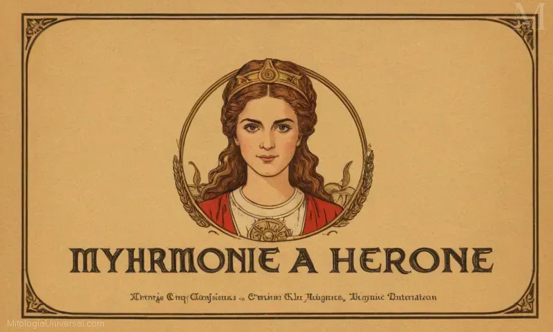 Vintage ilustrado libro portada con el logotipo de Mitología Universal y adaptaciones de la heroína griega Hermione - como una representación de cuaderno.