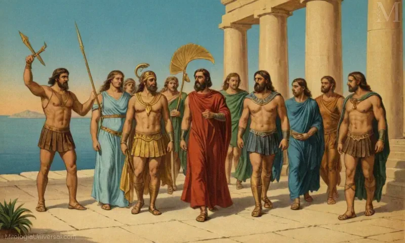 Ilustración vintage que representa a los héroes mitológicos griegos y sus roles guía.