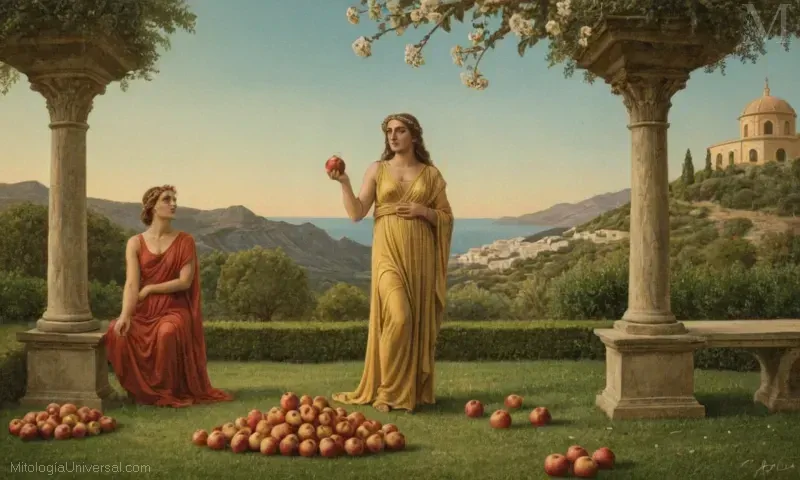 Ilustración con Hesperid y varias flores de la mitología griega con referencia al jardín de manzanas de oro.