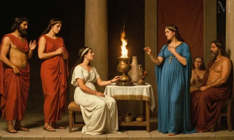 Ilustración vintage que representa una escena religiosa de la Antigua Grecia, donde Hestia es retratada como la diosa del hogar y el fuego sagrado. Relación de Hestia con otros dioses de Hestía: Diosa del hogar y el fuego sagrado. Hestia, la primera hija y esposa de Zeus dentro del antiguo pensamiento religioso griego, fue reconocida en todo el mundo por su papel en la vivienda (como su a menudo dijo que el hogar es donde hay un corazón), así como ser el guardián y fuente de fuegos sagrados. Como figura central en este panteón, Hestia facilitó un equilibrio entre la domesticidad y el ritualismo entre varios dioses y diosas dentro de sus narrativas mitológicas.