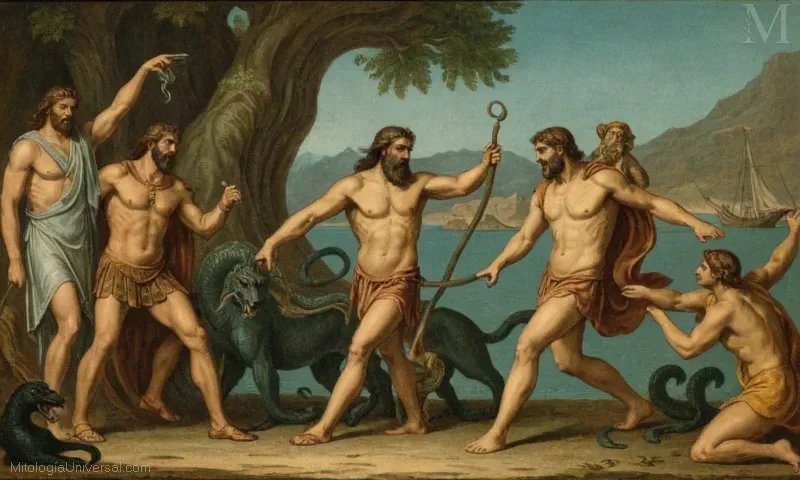 Ilustración vintage de la antigua figura mitológica griega Heracles (también conocida como Hércules) y la Hidon/Giant Hydra, simbolizando el crecimiento después de la destrucción y el triunfo de la fuerza sobre la adversidad.