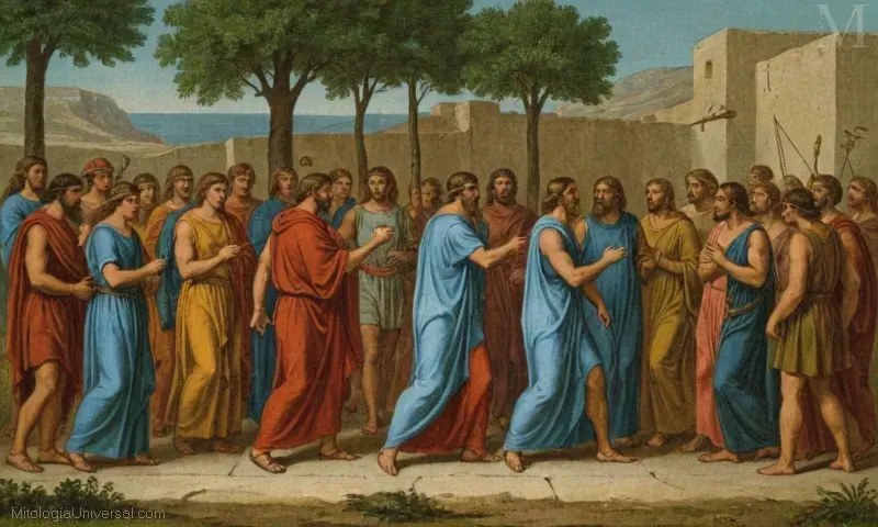 Ilustración vintage de debates académicos e interpretaciones críticas de la mitología griega completa, incluyendo Himnos Homéricos (Himns Homeric).