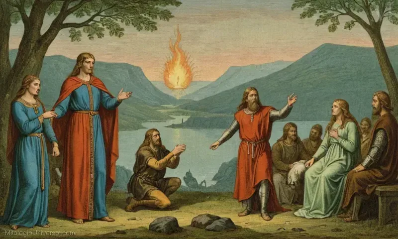 Ilustración vintage del conflicto de Hoderis y del sacrificio divino del amor. Esta leyenda explora temas de servidumbre y amor divino en la mitología nórdica y la literatura escandinava antigua.