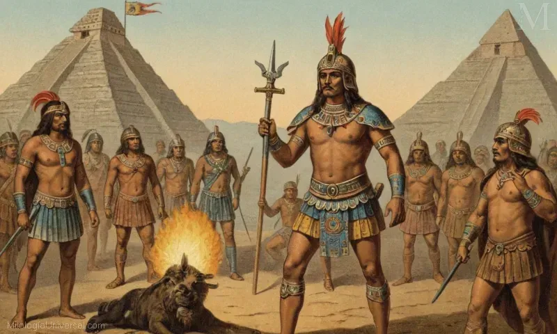 Ilustración vintage que representa los atributos y significado simbólico de Huitzilopochtli, la deidad de la guerra en la mitología azteca.
