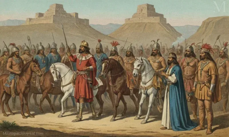 Vintage European and Native American illustrates depicting the contact between Spanish explorers and their Aztec counterparts resulting in a shift towards the religion of Huitzilopochtli - the deity of war. Tenga en cuenta que estas imágenes pueden ser antiguas o tener interpretaciones diferentes ahora.