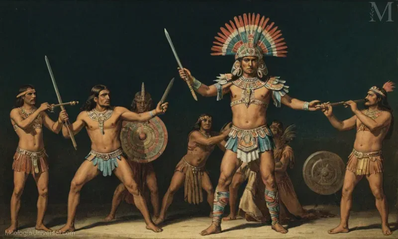 Ilustración de las ofrendas tradicionales de sacrificio a Huitzilopochtli, dios azteca de la guerra.