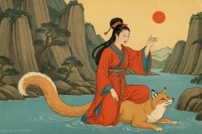 Ilustración vintage de Huxinyan (o Huan-yin en chino) de la mitología china. Es la diosa del agua y protectora contra las inundaciones. ---Huxinyan (o Huan-yin en chino) fue una figura importante en la antigua mitología china. Como deidad patronal del agua