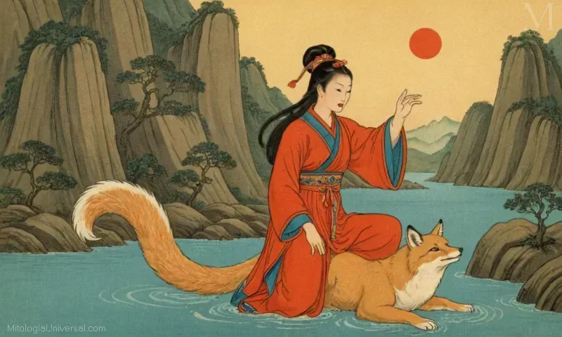 Ilustración vintage de Huxinyan (o Huan-yin en chino) de la mitología china. Es la diosa del agua y protectora contra las inundaciones. ---Huxinyan (o Huan-yin en chino) fue una figura importante en la antigua mitología china. Como deidad patronal del agua