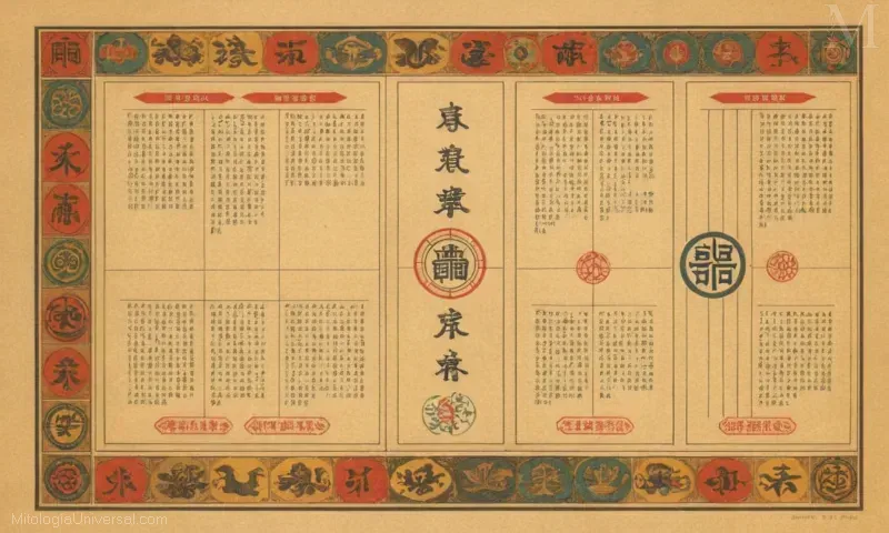 Ilustración vintage del i Ching o Yi Jing con explicaciones para sus métodos y adivinación.