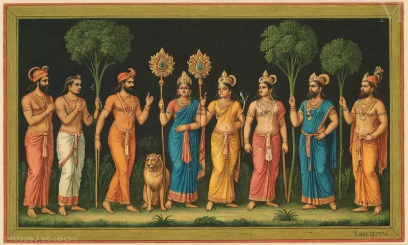 Grabado indio Vintage que ilustra varios espíritus (o deidades) del Natyashastra, posiblemente refiriéndose al panteón hindú y sus relaciones con otras entidades divinas.