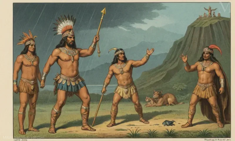 Ilustración vintage de Orígenes, Deidad Inca del trueno y la lluvia. Ilustración de Ilapa y su Mitologia por Guillermo Miller. (Texto español)