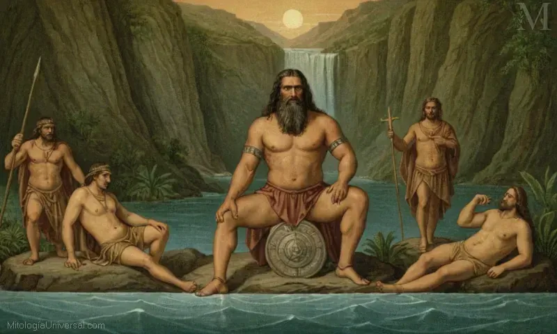 Vintage ilustración de Inachus y Hera, dioses de Inachis (RIO) y Argos en la antigua mitología griega.