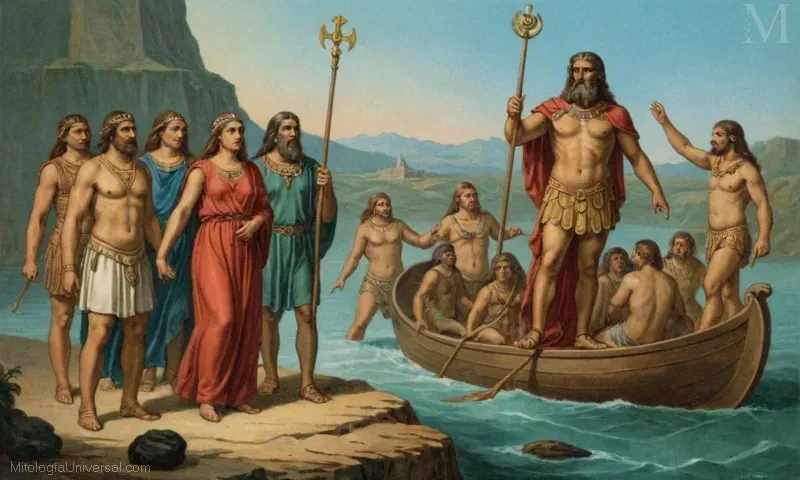 Ilustración de Orígenes, autor latino de la mitología griega antigua que detalló la historia de la creación de Inachus y su linaje. Se presenta como una figura que lleva a tres personas sobre rocas (posiblemente referencias a Hércules), sobre un paisaje urbano con ríos (Argo) y colinas (Amycida).