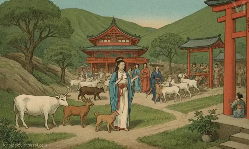 Vintage ilustración de santuarios religiosos dedicados a Inari, la diosa patrona de la agricultura y la prosperidad en el Shintoismo japonés.