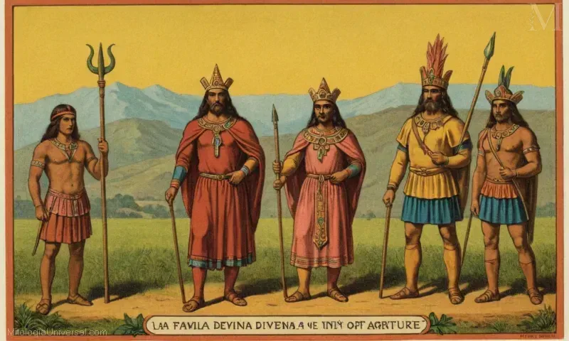 Ilustración vintage de La Familia Divina de Inti de Inti, la deidad inca de la agricultura. Esta frase podría referirse a la figura religiosa de la mitología andina que encarna prácticas agrícolas sostenibles y tiene un inmenso poder.