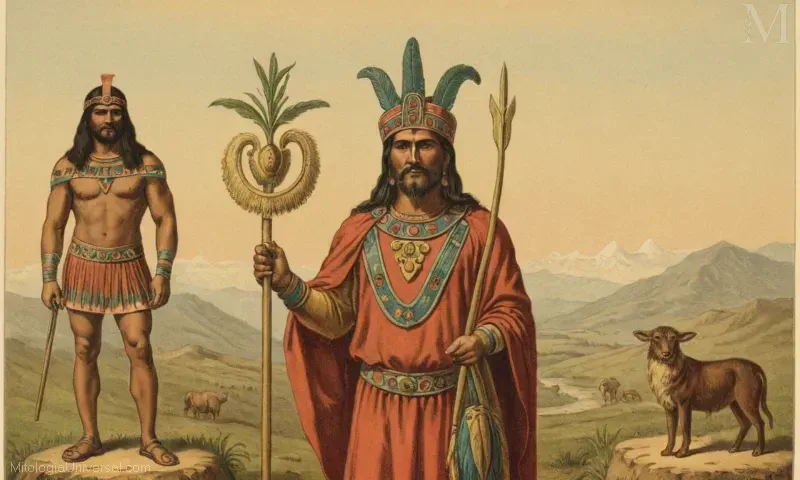 Ilustración vintage que representa El Inti (Dios Inca) de la mitología peruana, acompañada por el poder de la agricultura.