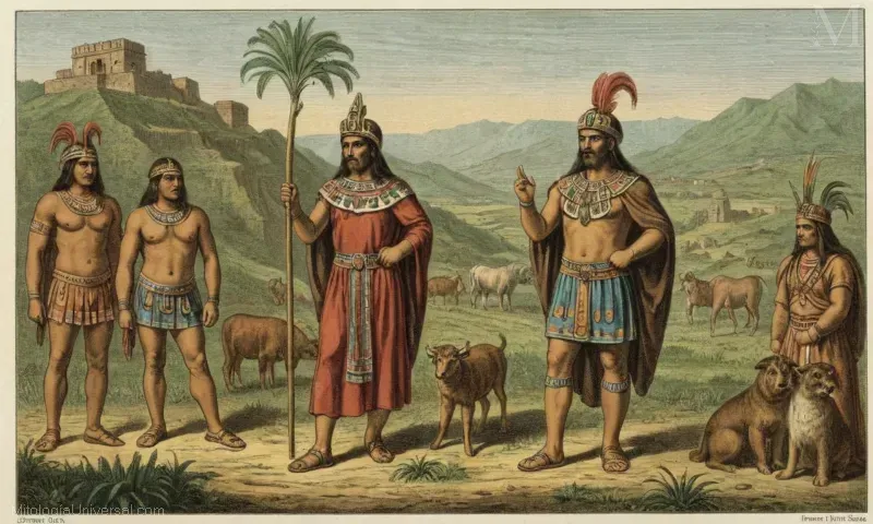 Ilustración vintage con Inti, el Dios Inca, y sus súbditos alrededor de una cápsula de semillas. La Conexión de Inti con Pachamama de Inti representa la conexión espiritual entre la agricultura, la divina y la humanidad en la cultura inca.