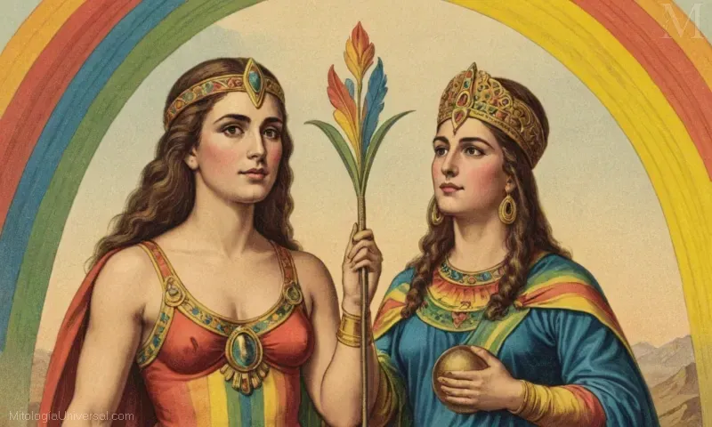 Arte ilustrado Vintage de Iris - Diosa del Arcoíris (Deidad Arco) y Mensajero en la mitología latinoamericana.