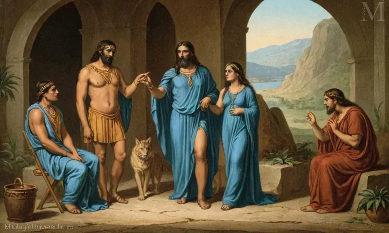 Ilustración de Orígenes (Siervo de Hera) como se muestra por Iris (Delfín con arco iris en su mane), simbolizando su papel como mensajero de la feminina divina en la mitología griega antigua.