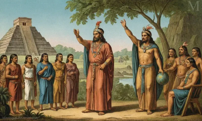 Ilustración vintage que representa itzamná o Izaü como el creador del mundo en la antigua civilización maya. A menudo se muestra con atributos de sabiduría y medicina.