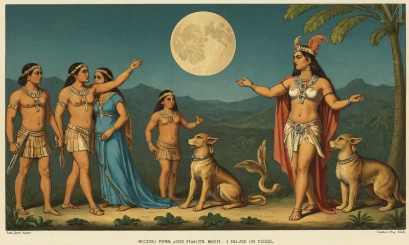 Ilustración vintage y breve descripción de la figura mitológica Ixchel, comúnmente asociada con la adoración a la luna y su poder divino en la mitología maya.